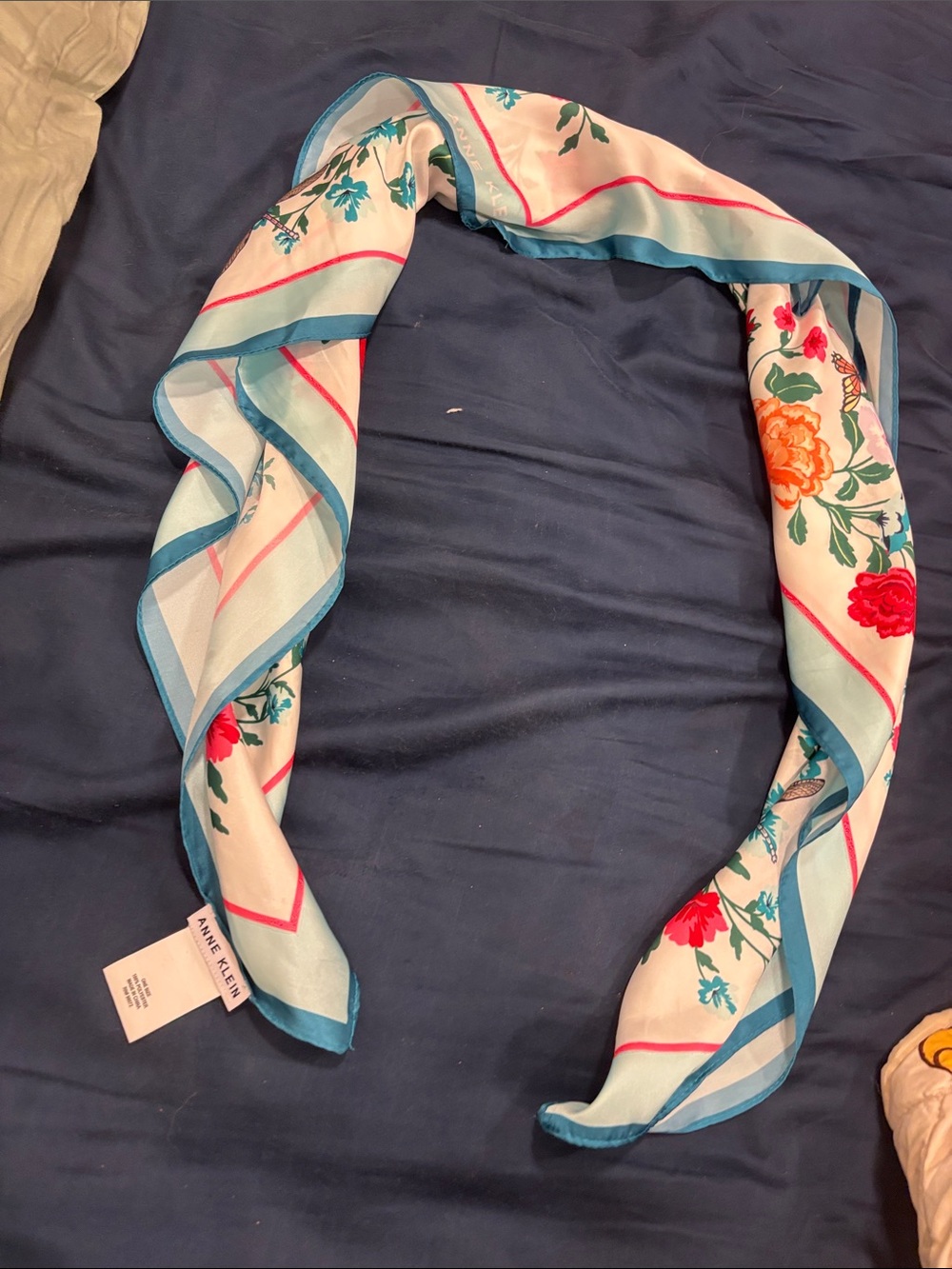 Anne Klein Light Blue Floral Silk-Blend Scarf with Red & Orange Flowers